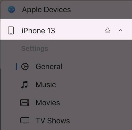 Selecting connected device on the Apple Devices app on Windows.