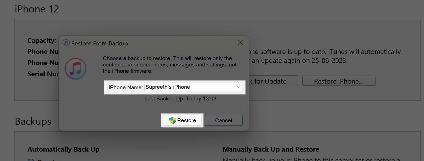 Selecting the local backup to restore on the new iPhone.