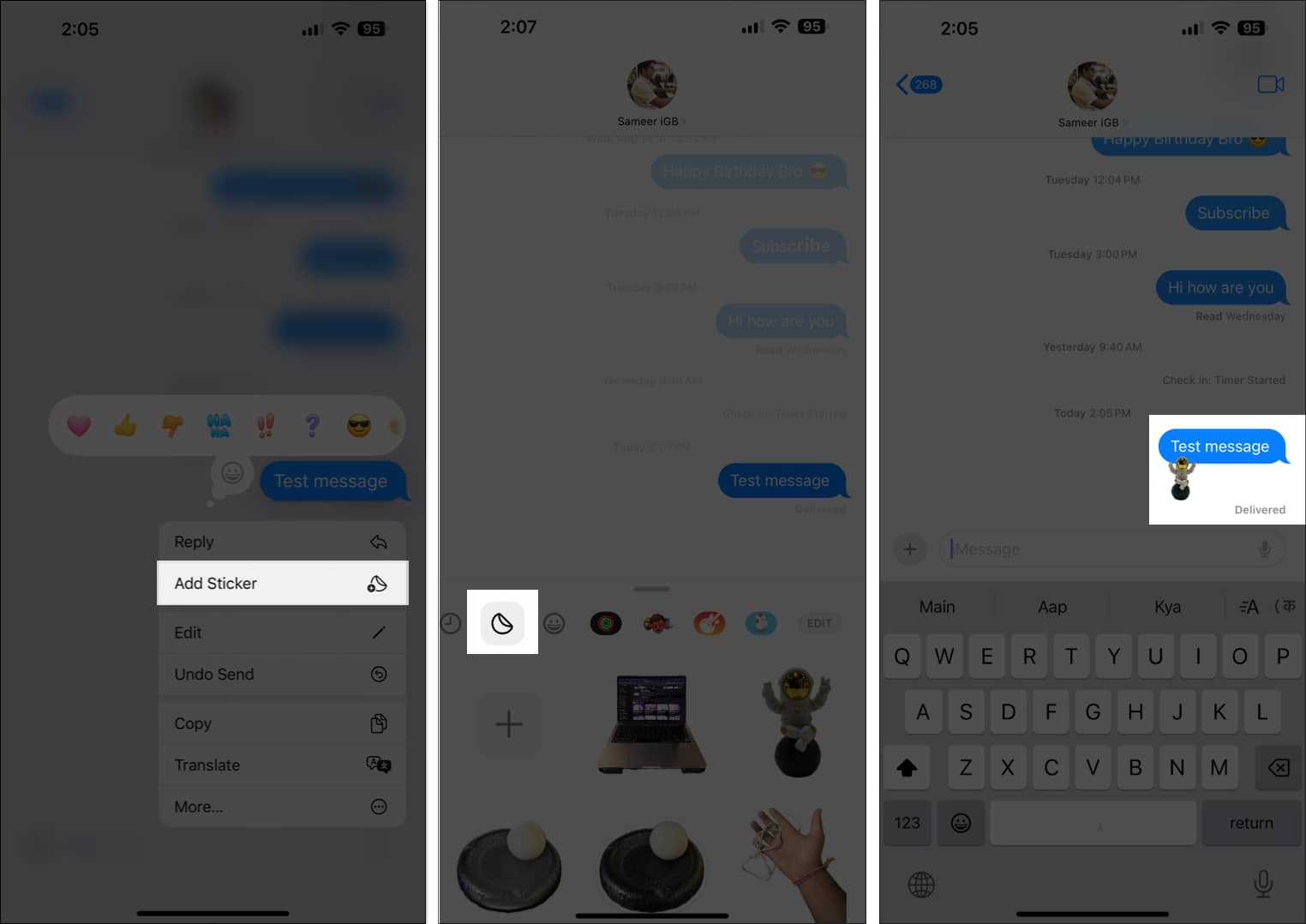 Reacting to a message with a sticker in iOS Messages app.
