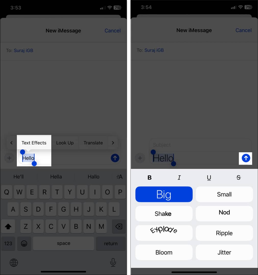 Selecting Text Effects for a message in the Messages app in iOS 18.