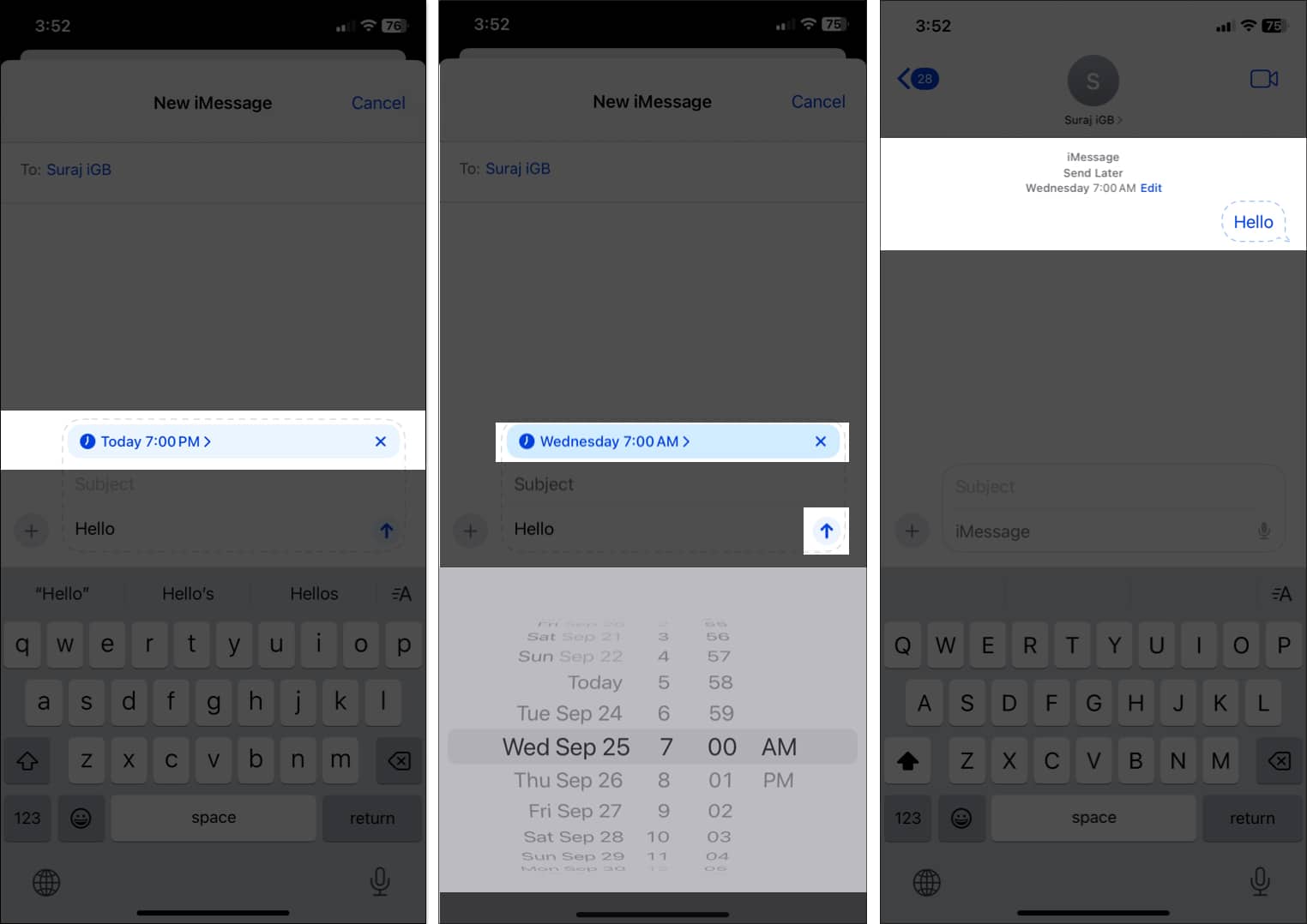 Scheduling a message in the iPhone Messages app.