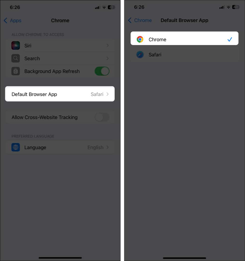 Setting Chrome as the default browser app on an iPhone.