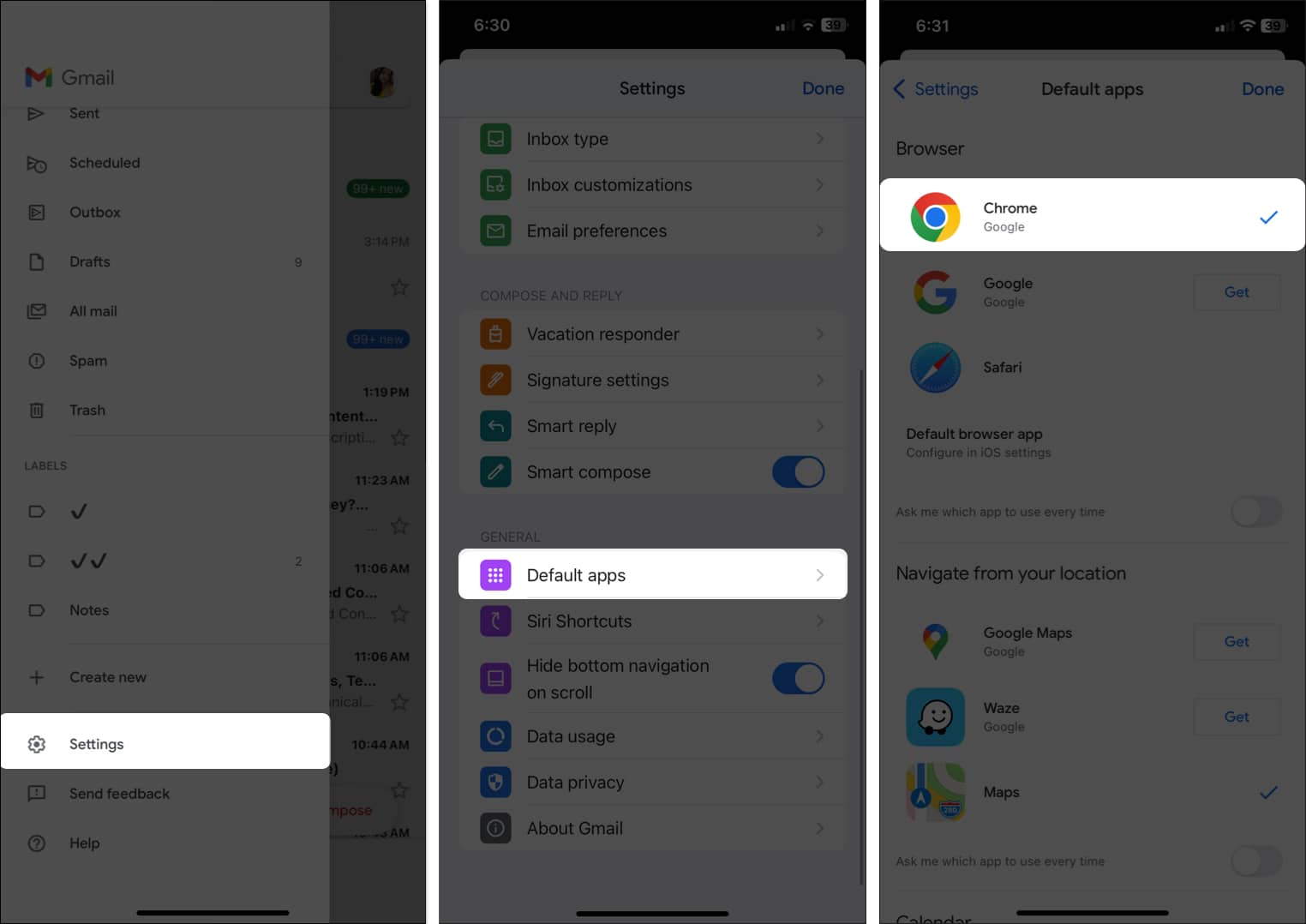 Setting Chrome as the default browser for the Gmail app on an iPhone.