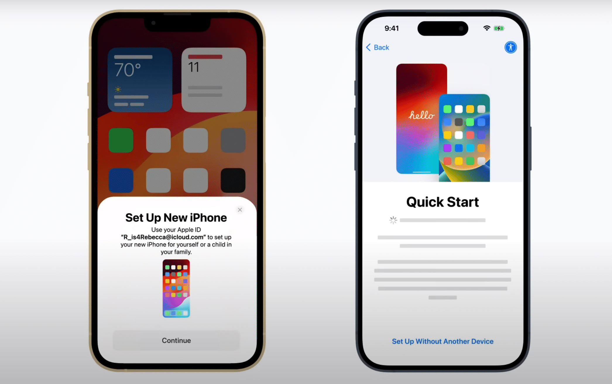 Quick Start screen on the iPhone during initial setup.