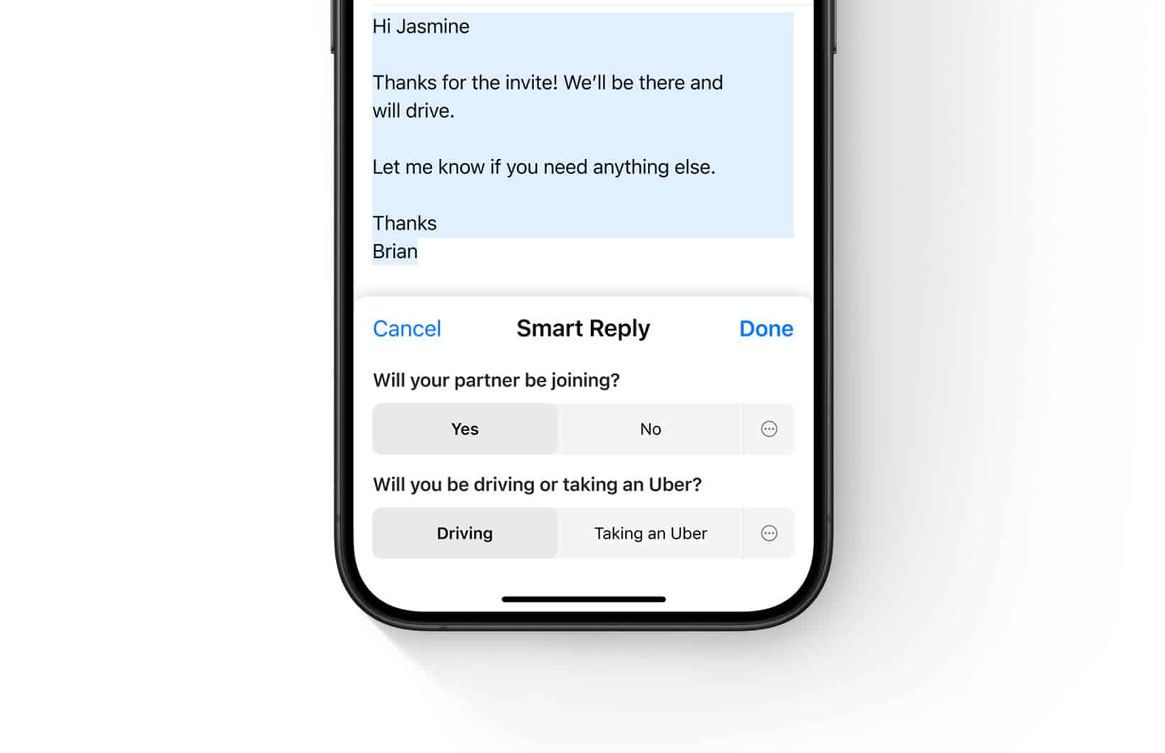 Smart Reply suggestions in the iOS 18 Messages app.