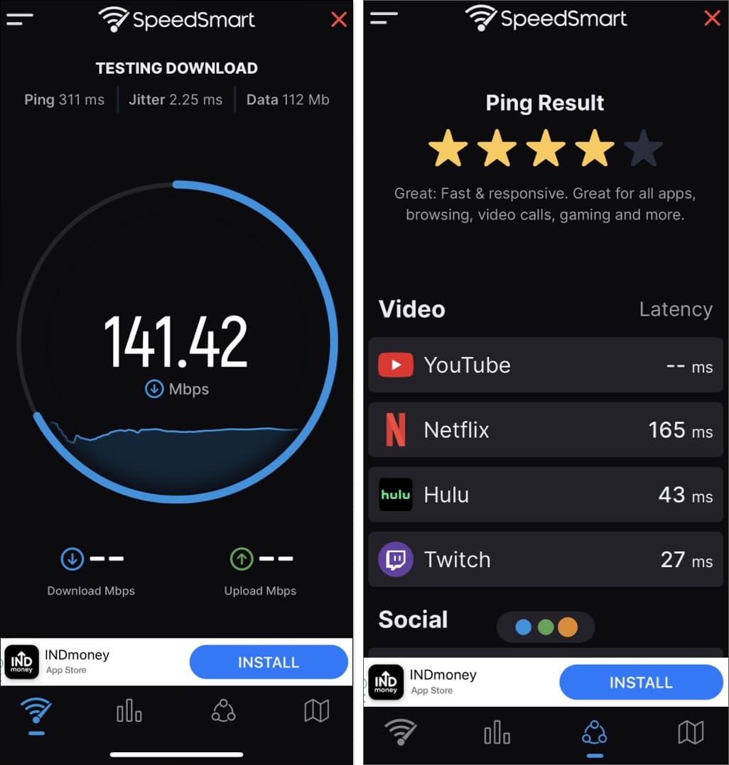 Speed Test SpeedSmart Internet app.