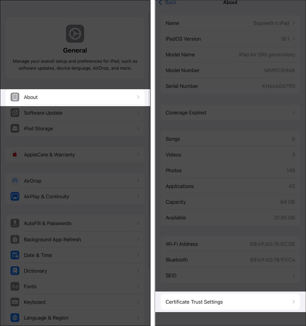 Accessing Certificate Trust Settings option in iPhone Settings app.