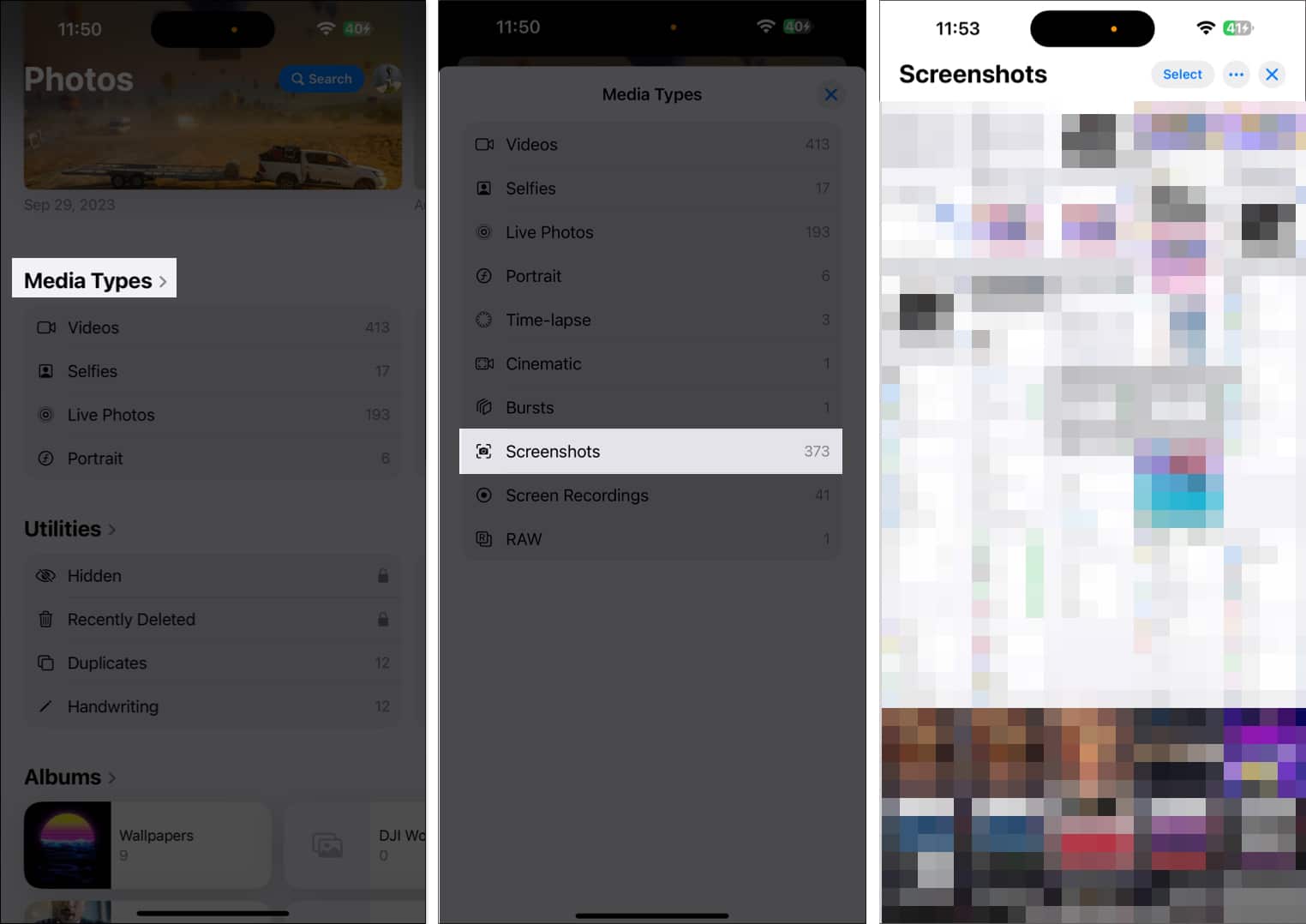 Finding screenshots under the Media Types collection in the Photos app on an iPhone.