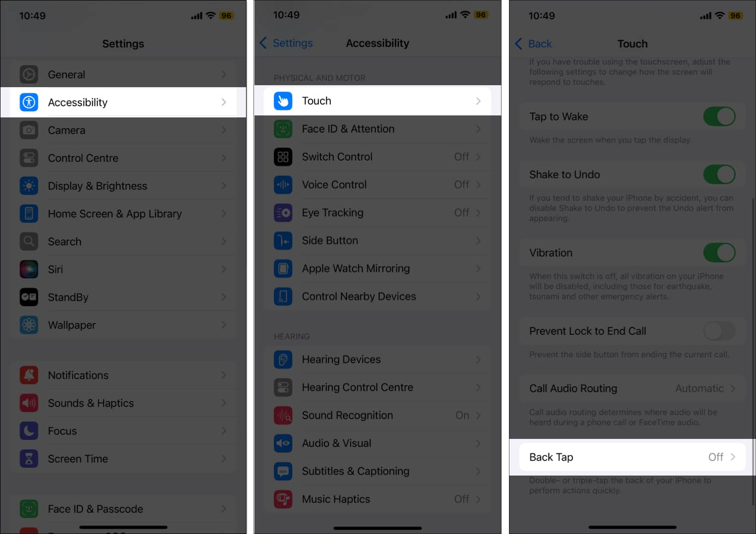 Enabling Back Tap on an iPhone.