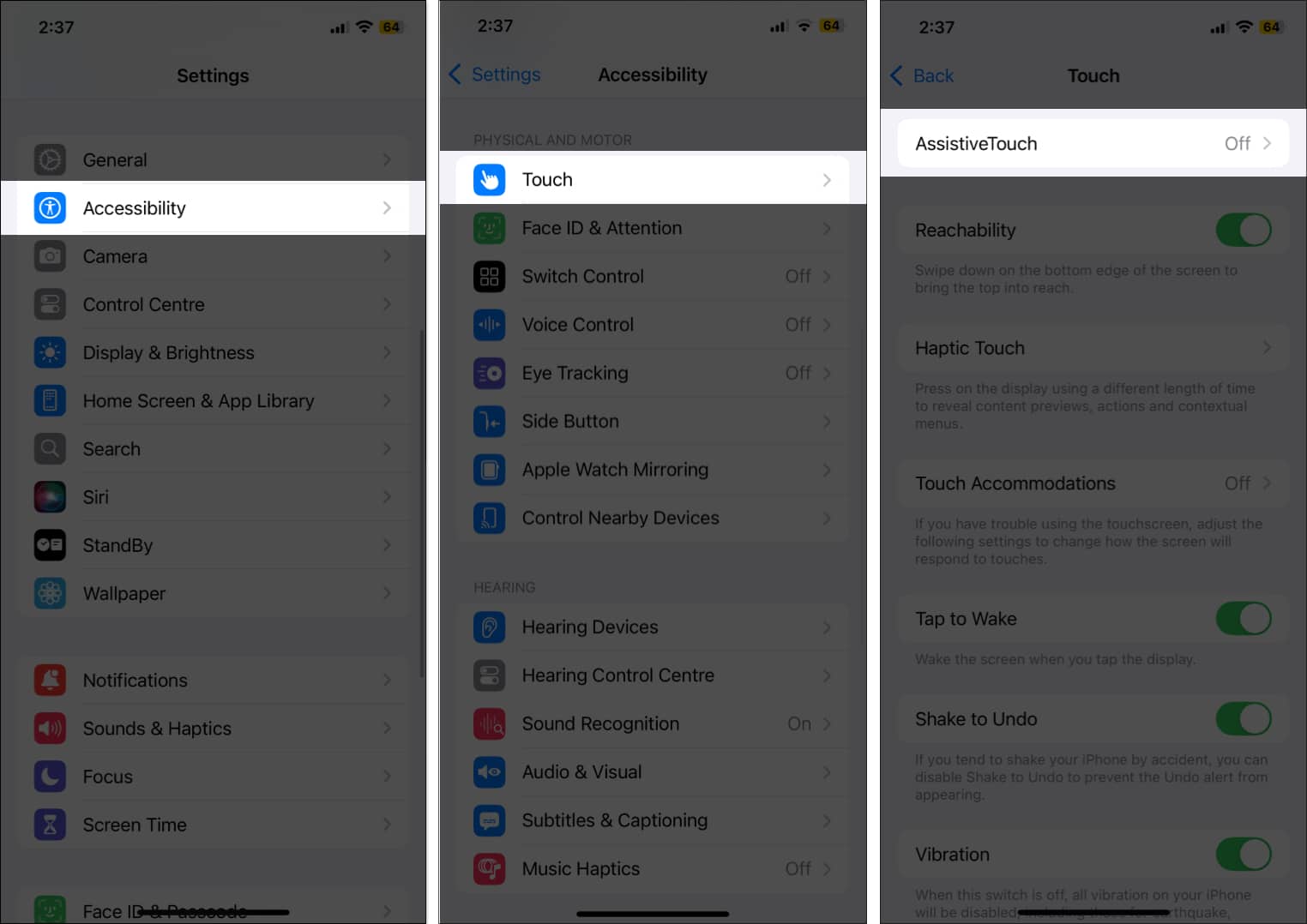 Enabling AssistiveTouch on an iPhone.