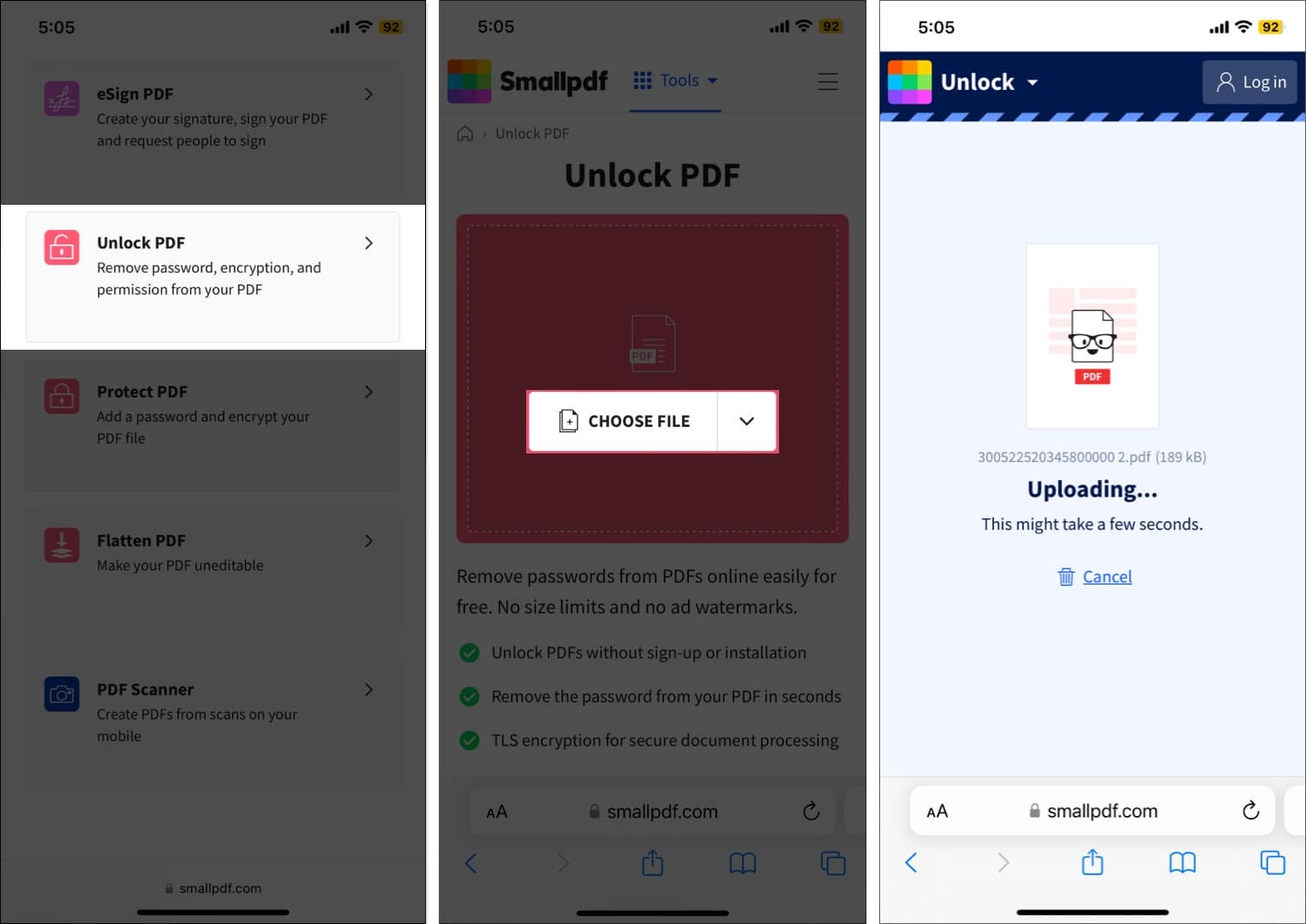 Uploading the locked PDF document to the SmallPDF website on an iPhone.