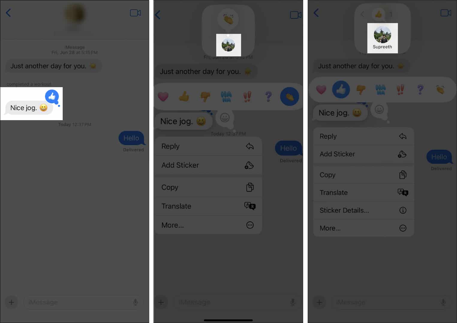 Checking who sent what Tapback emoji in Messages app.