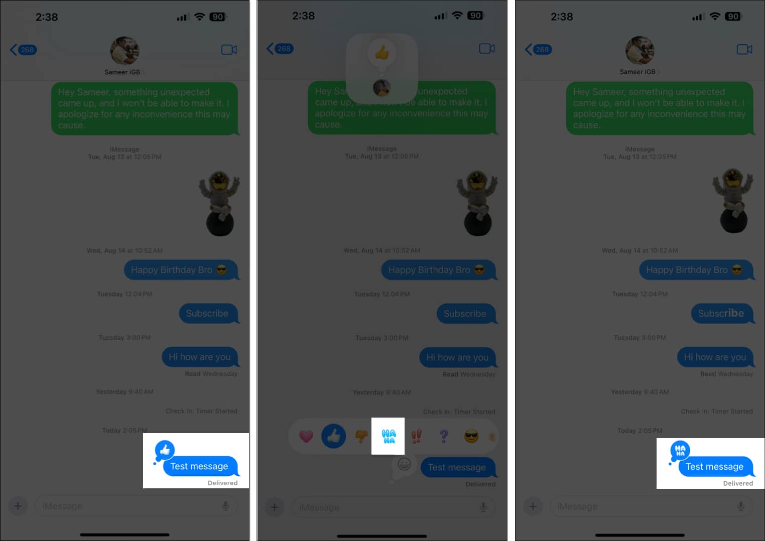 Editing the emoji reaction for a message in iPhone Messages app.