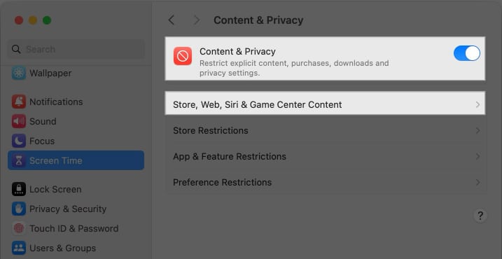 Toggling on Content and Privacy option in Mac System Settings.