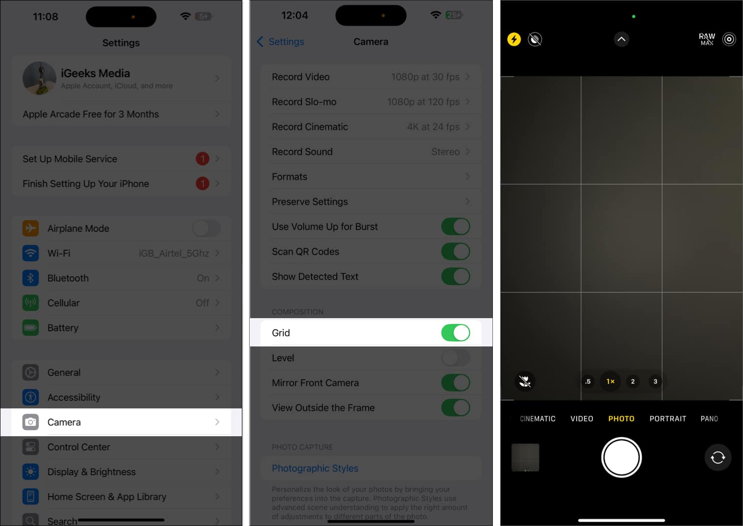 Toggle on Grid option in Camera settings on an iPhone.
