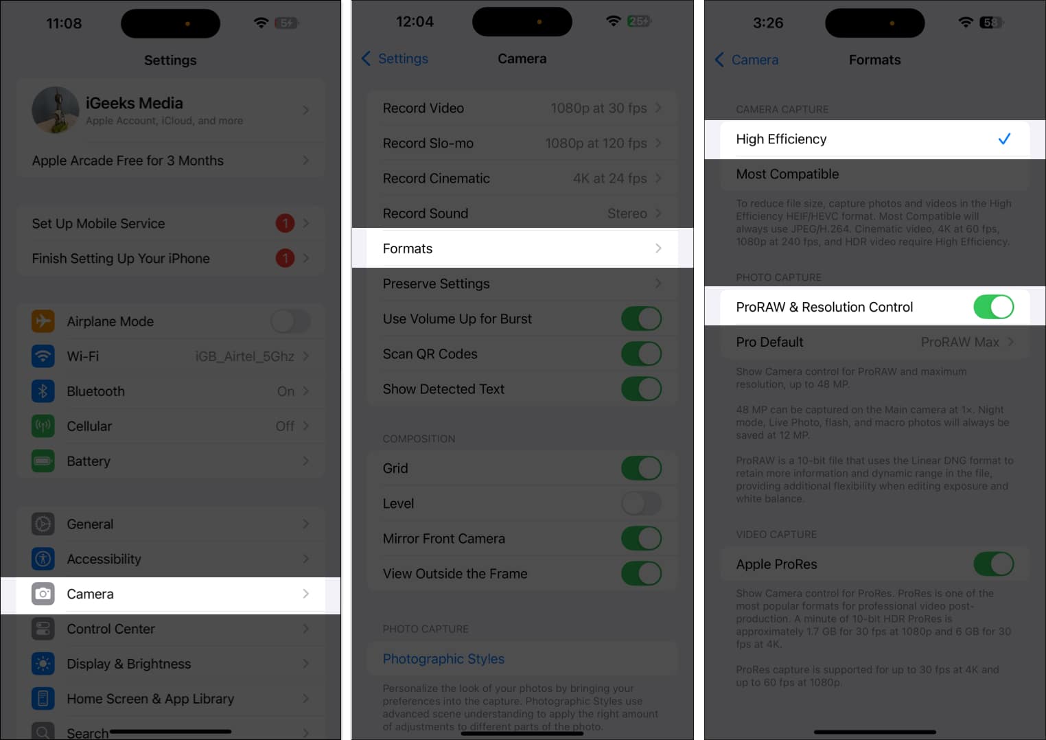 Toggling on ProRAW Resolution Control in Camera settings.