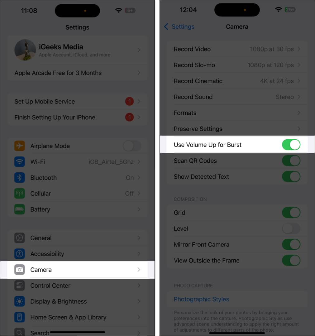 Toggling on Use Volume Up for Burst option in Camera app settings.