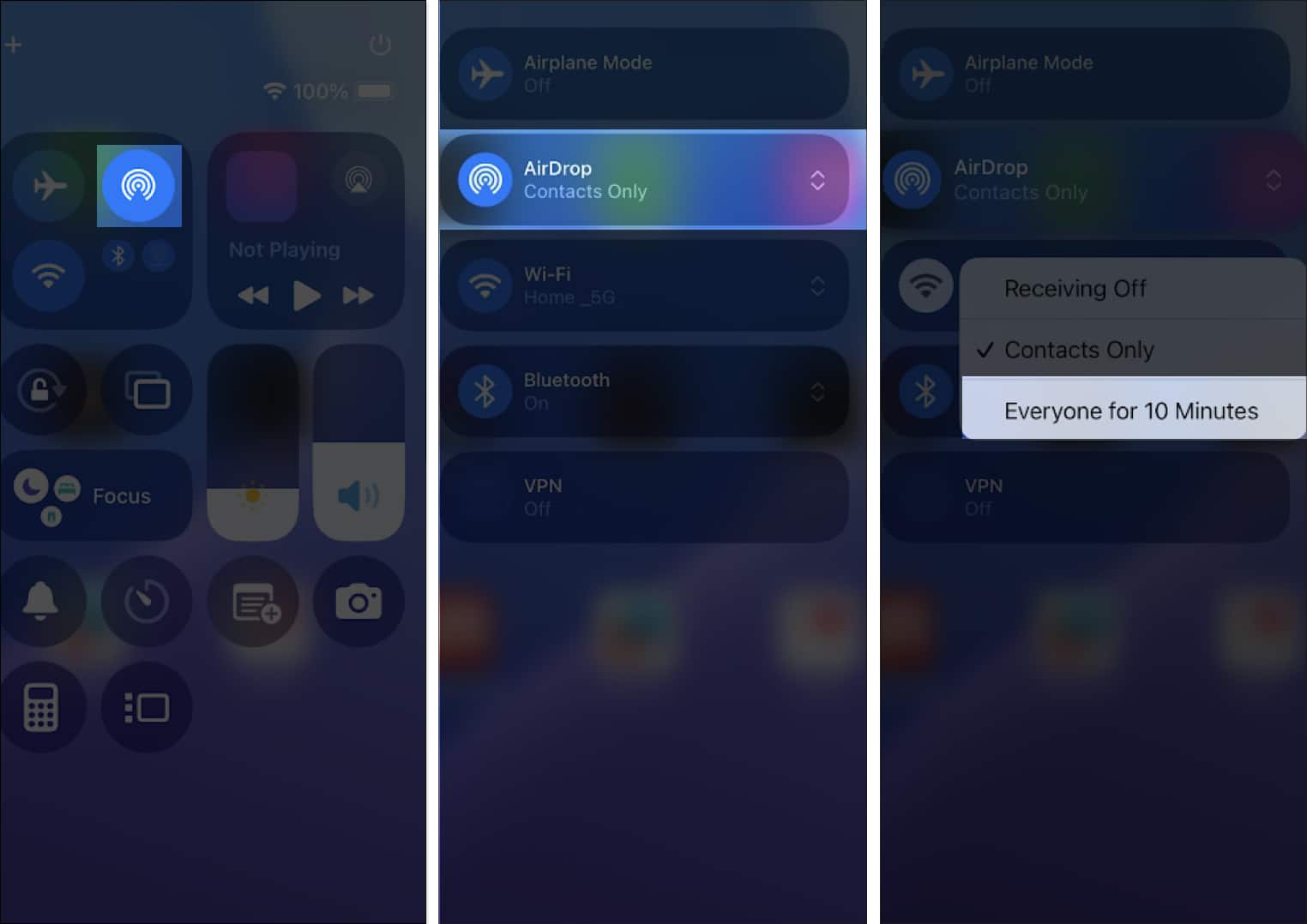Enabling AirDrop on an iPhone from the Control Center.