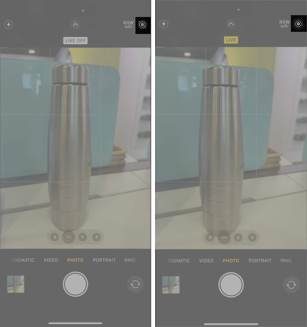Turning on the Live Photo option in iPhone Camera app.
