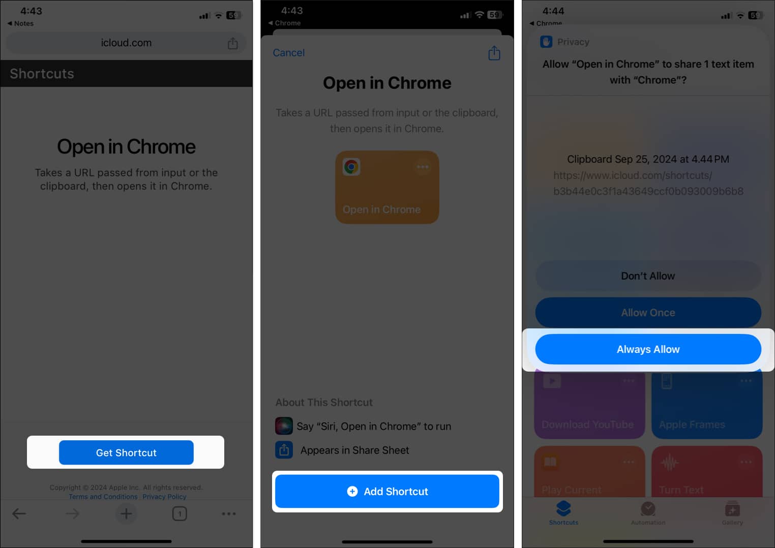 Adding the Open in Chrome shortcut to the Shortcuts app library.