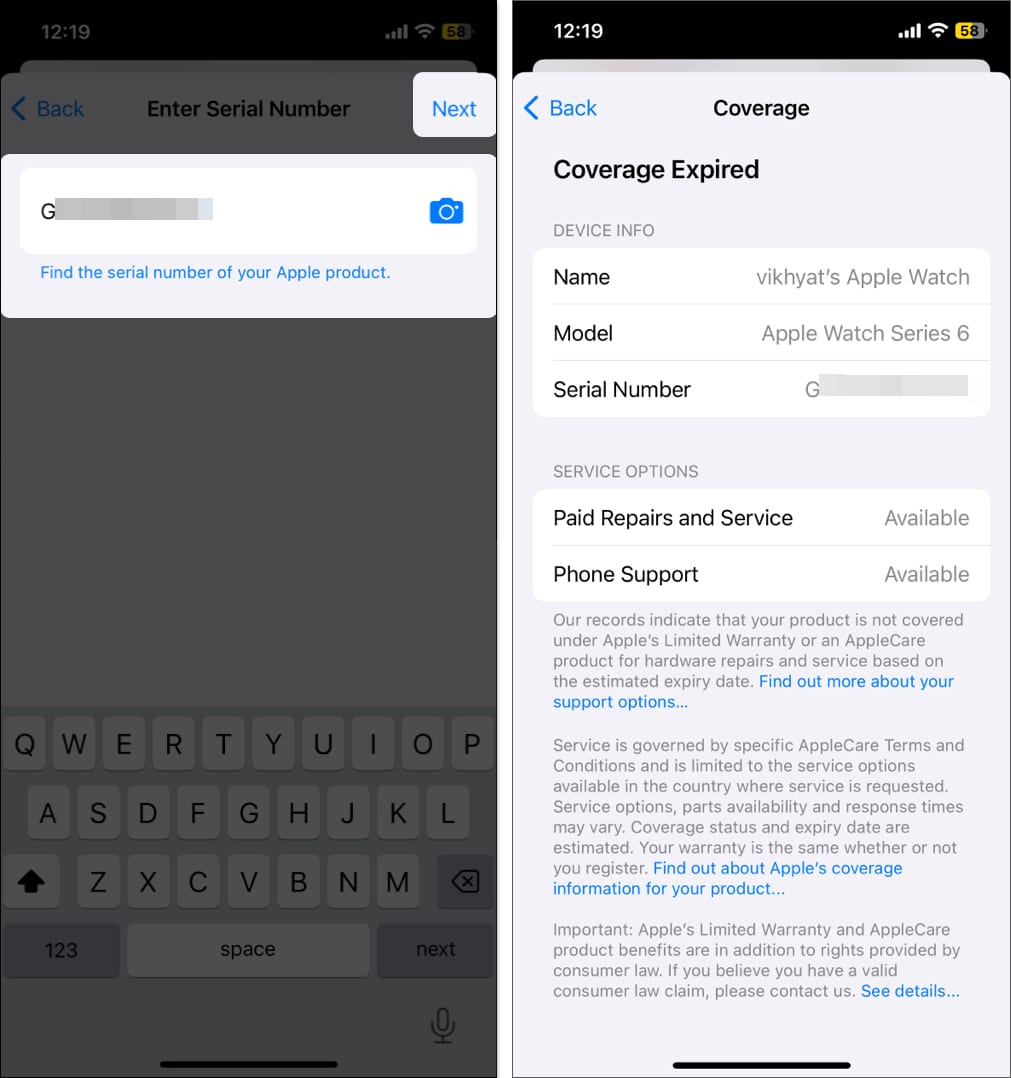 Coverage details of an Apple Watch as shown in the Apple Support iOS app.