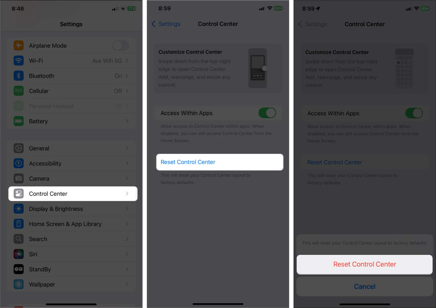 select control center, reset control center in settings