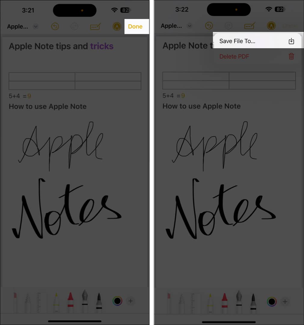 Saving a note in the Apple Notes app a a PDF.