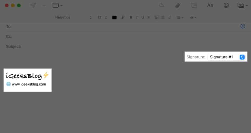 Adding a signature from the drop-down menu in a new mail on a Mac.