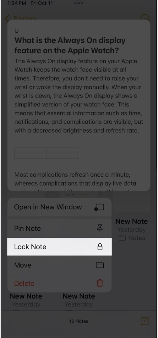 Locking a note in the Apple Notes app.
