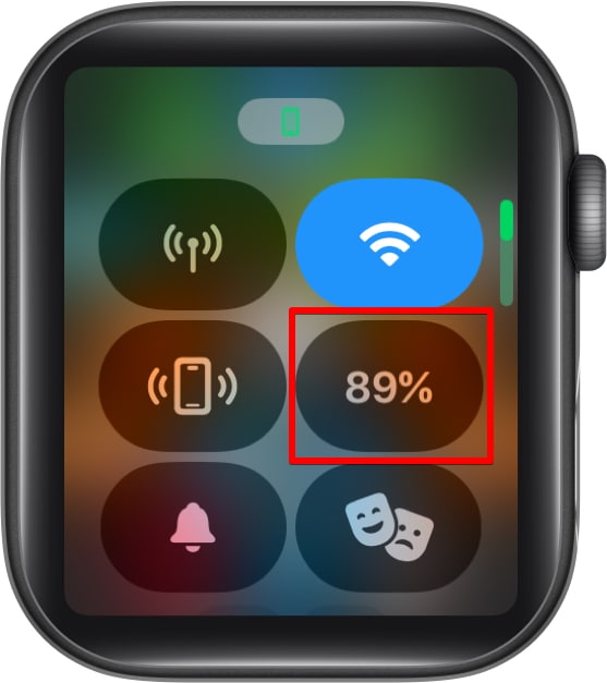 Battery percentage on Apple Watch Control center.