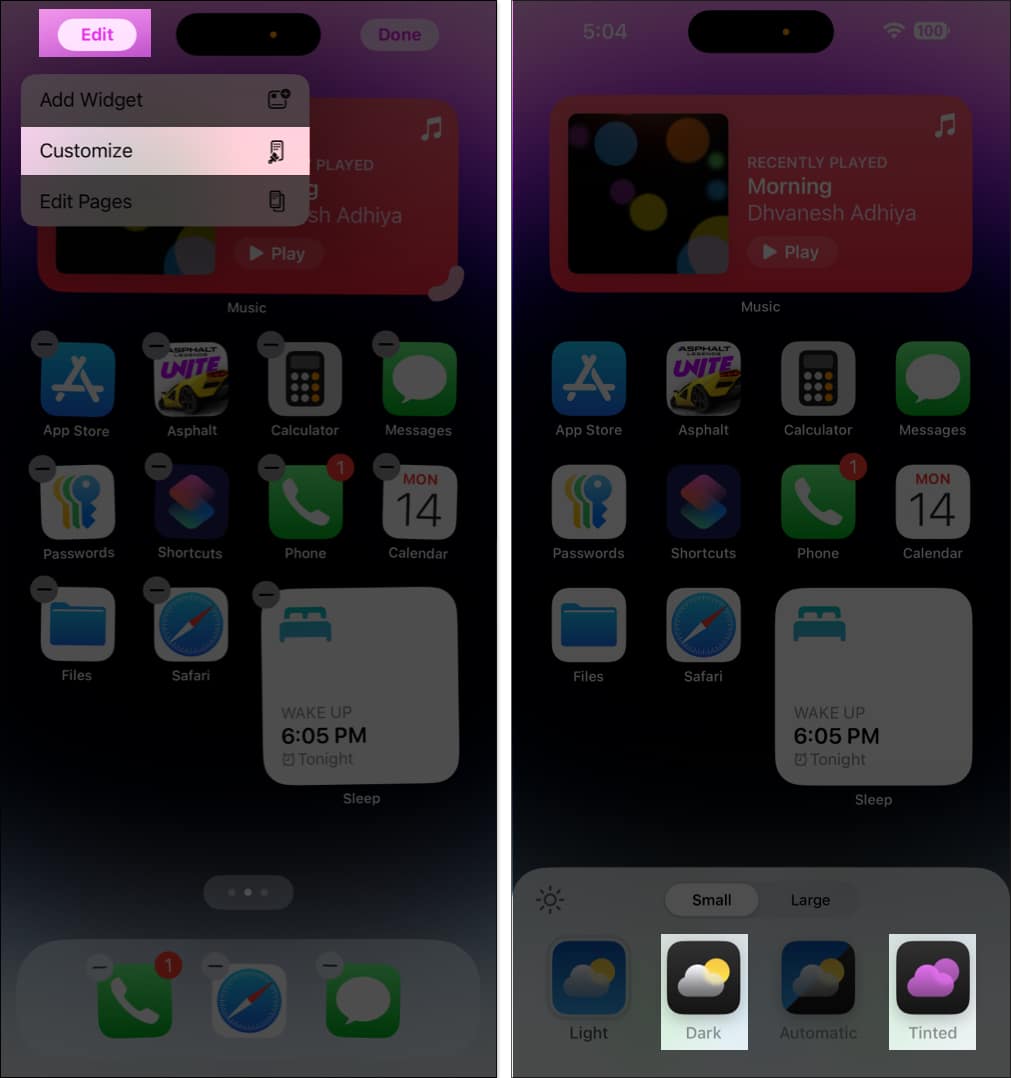Change app icon theme to Dark or Tinted.