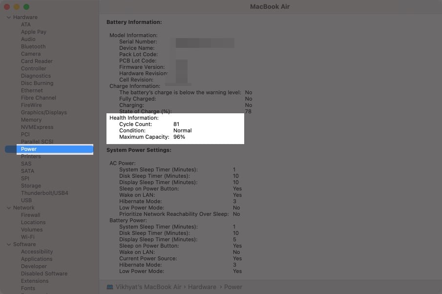 Check MacBook battery cycle count and capacity under Power option.