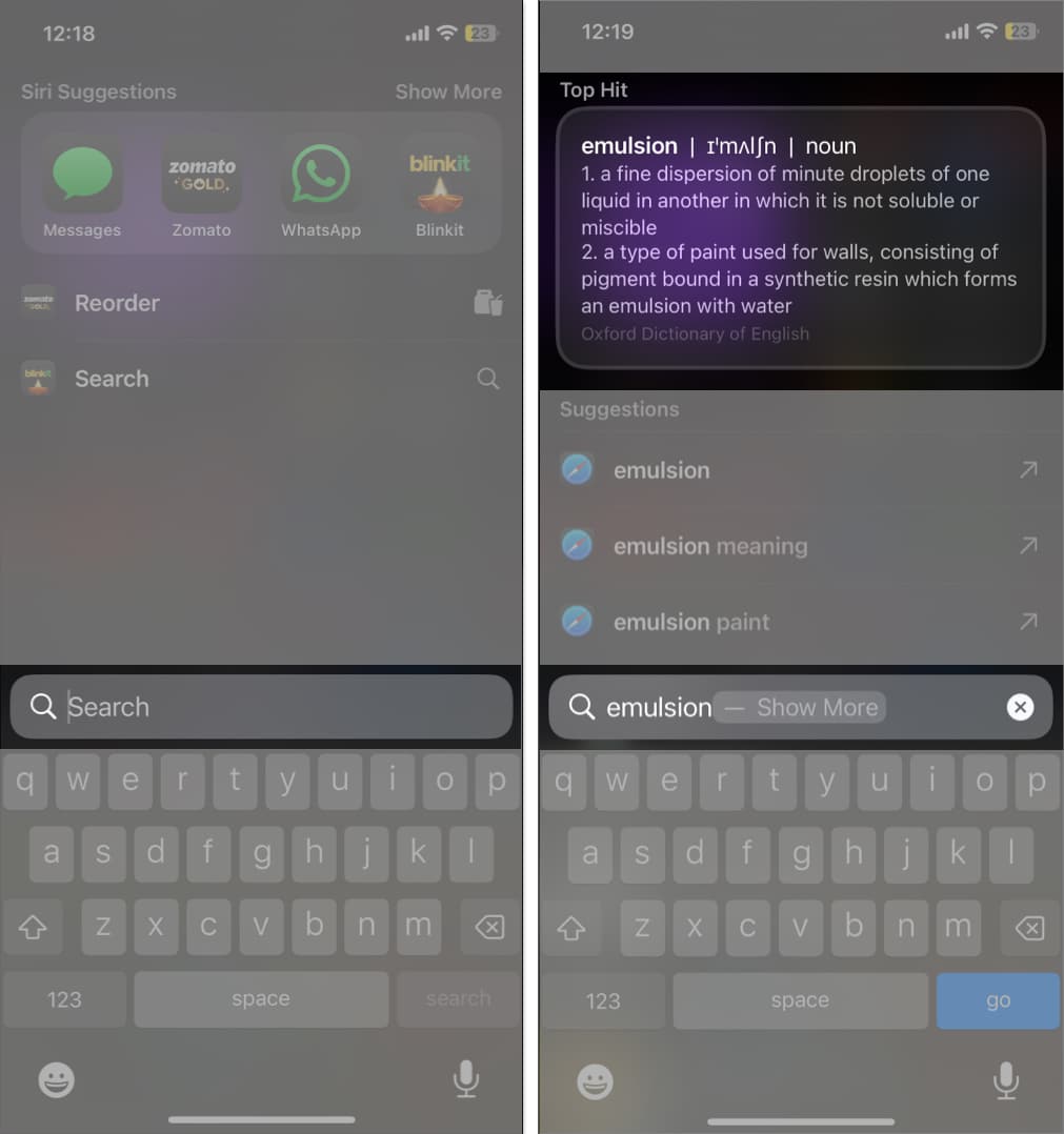 Looking up a word in Spotlight Search on an iPhone.