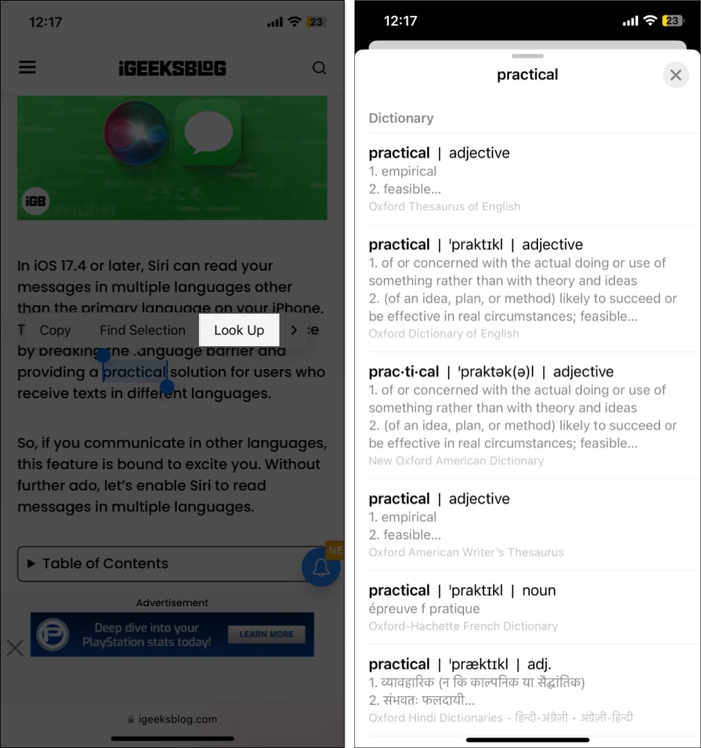Using the Look Up option to look up a word on a website on an iPhone.