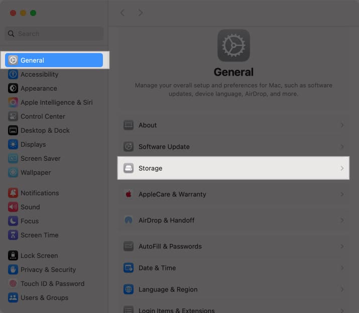 Storage option under General in macOS System Settings.