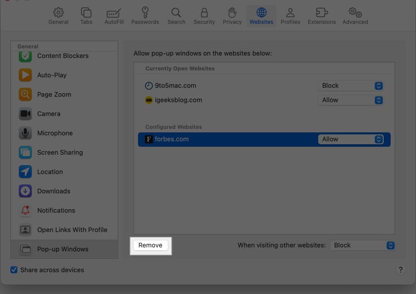 Disabling pop-ups for all websites in Safari on a Mac.