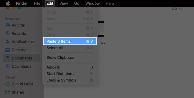 Paste option in the menu bar of the Finder app.
