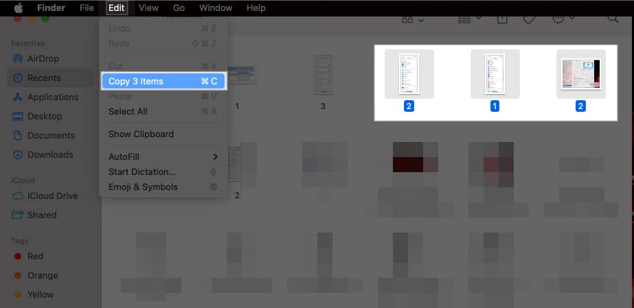 Copy option for the Finder app in the menu bar.