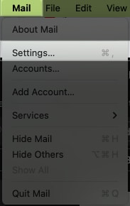 Accessing the Mail app settings from the menu bar on a Mac.