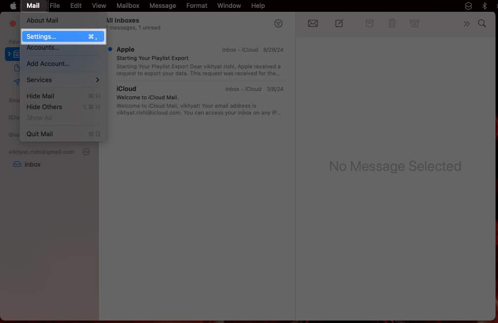 Accessing Mail app settings on a Mac.