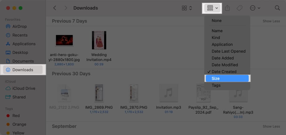 Sorting items by size in the Finder app on a Mac.