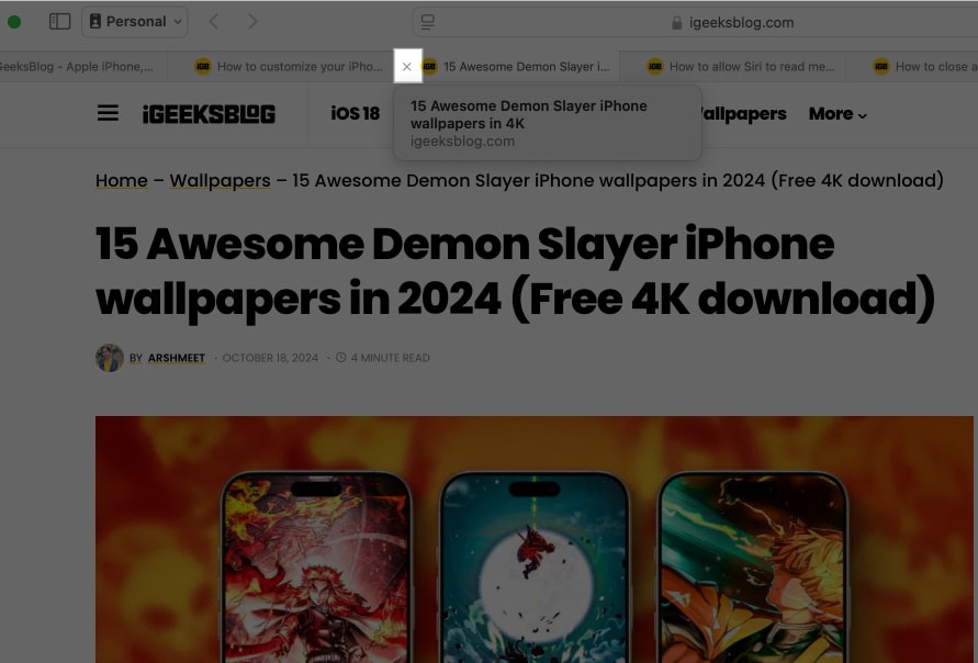 Click on X icon on Safari website tab.