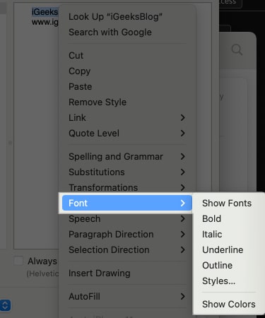 Customizing font style for the custom signature in the Mail app on a Mac.