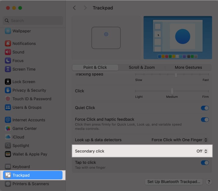 Click on up-down arrow button next to Secondary click in Trackpad settings on Mac.