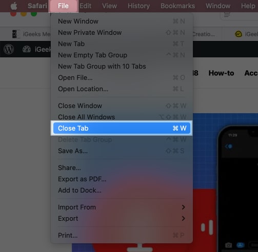 Close Tab option in the menu bar of Safari on a Mac.