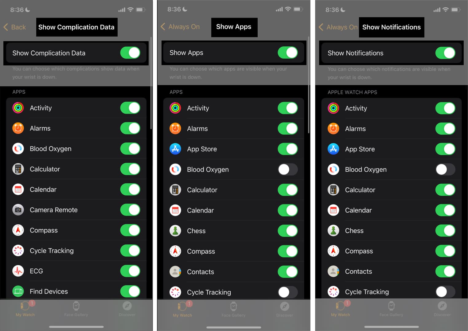 Customizing what complications and notifications appear on the Always On mode on an Apple Watch.
