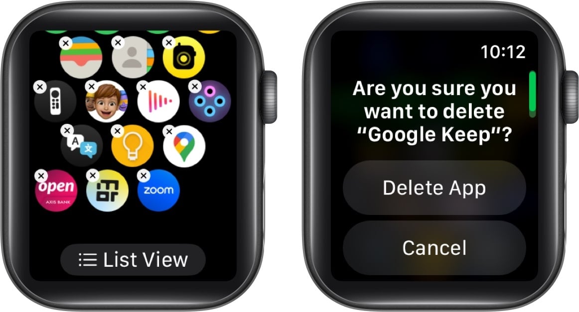 Uninstalling apps from the Apple Watch Home Screen.