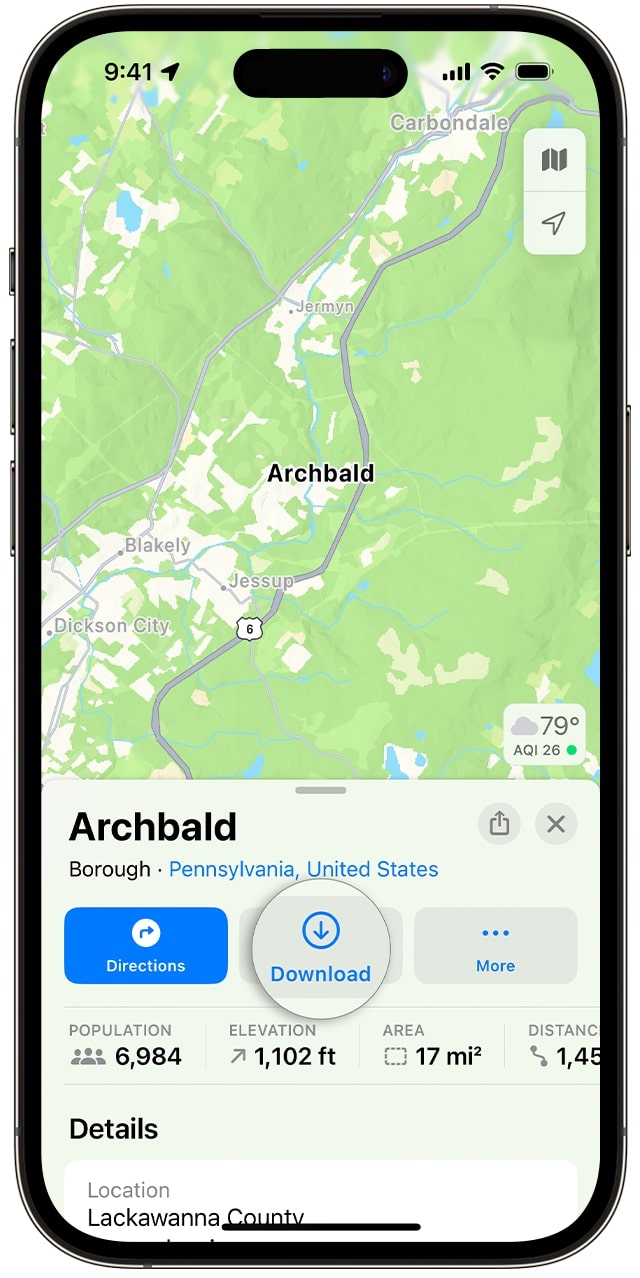Download button in Apple Maps to download a map for offline use.
