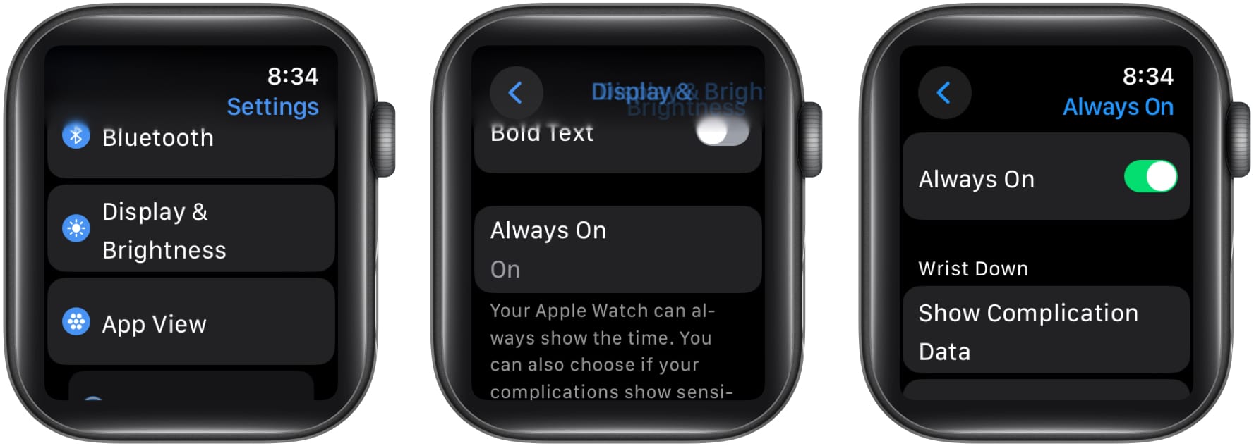Enabling the Always On feature on an Apple Watch.