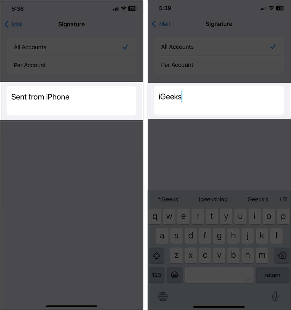 Replacing the default Mail signature with a custom one on an iPhone.
